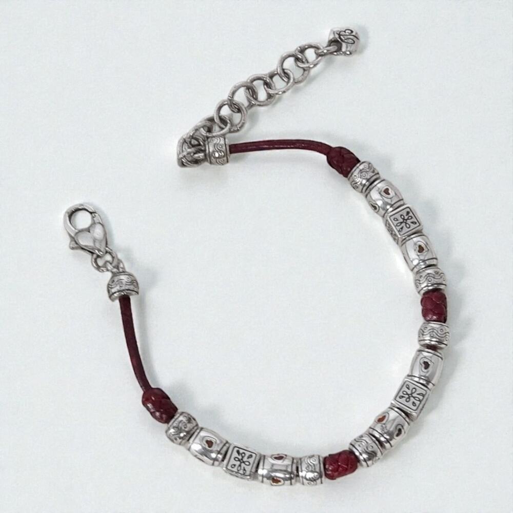 Brighton Burgundy Red Leather Beaded Bracelet Silver Plated Retired 7 to 8.5" - Picture 2 of 5